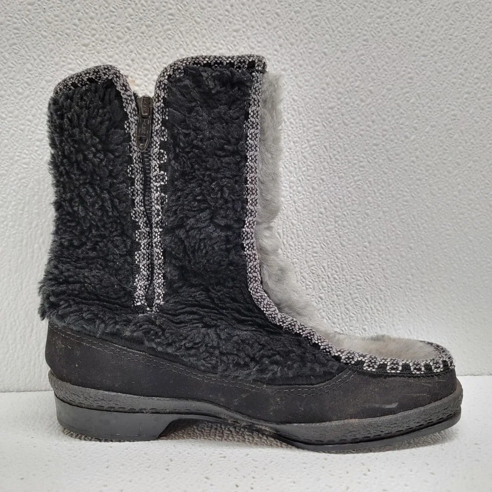 Vintage SNOWLAND Women's Faux Fur Lined Zip  Up Snow Boots Black Gray Size 5